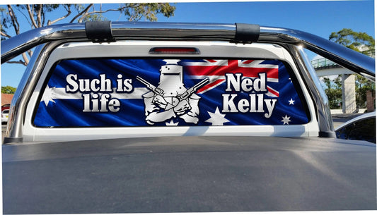 Two Flags Ned Kelly perforated sticker on ute rear glass, application mockup