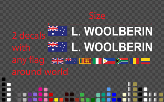 2x Helmet Driver Name stickers with flag race rally car Bike decal Motorsport — shown applied