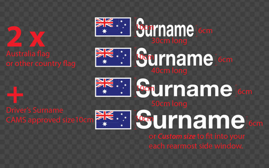 Custom Driver Name Flag Decal Sticker 2x Pair Racing Track Car CAMS Approved β shown applied