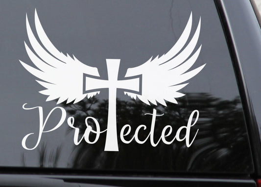 Religious Protected By the Cross Angel Wing Christian Jesus Decal Sticker — product photo