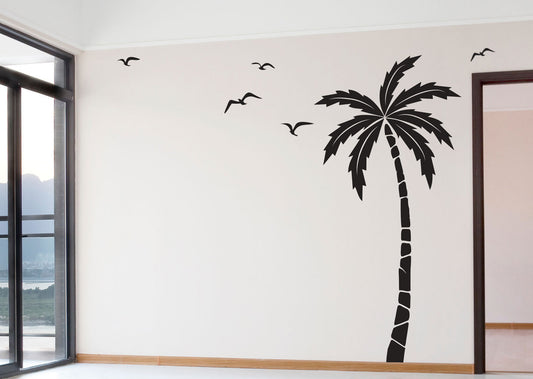 Palm Tree Seagulls Wall Decal Beach Tropical Nursery Theme Sticker — product photo