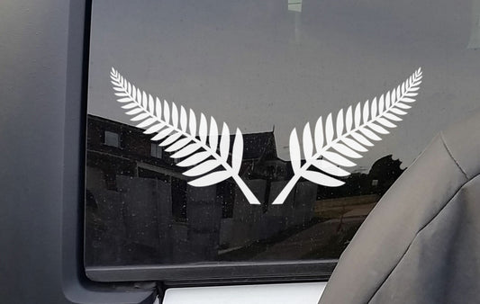 Pair Silver Fern Stickers Decals New Zealand NZ Car Boat Window Wall Door Tattoo β shown applied