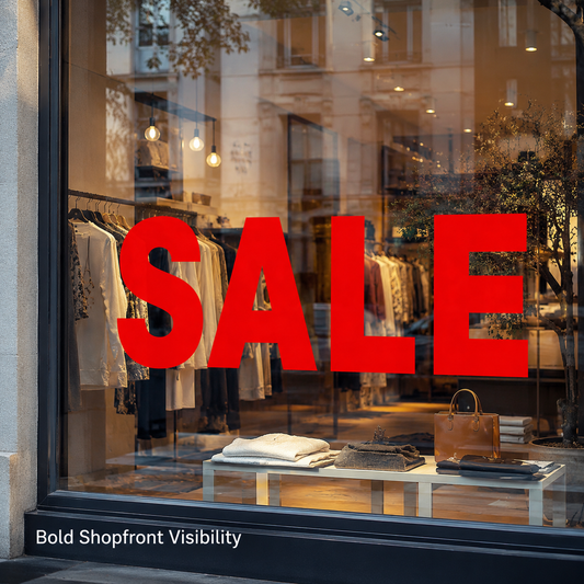 Store window with 'SALE' sign and clothing display