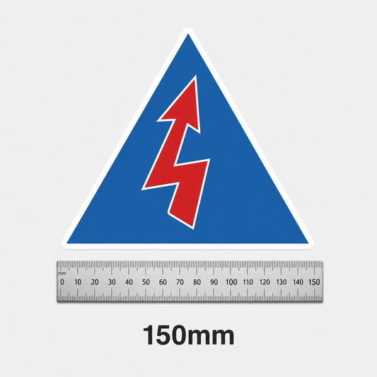 CAMS battery isolator decal size guide - 150mm triangle beside a metal ruler
