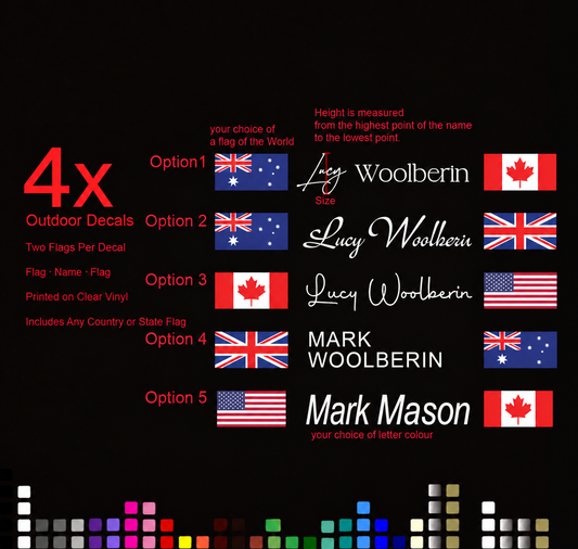 Set of 4 two flag name stickers – printed on clear vinyl with five lettering styles