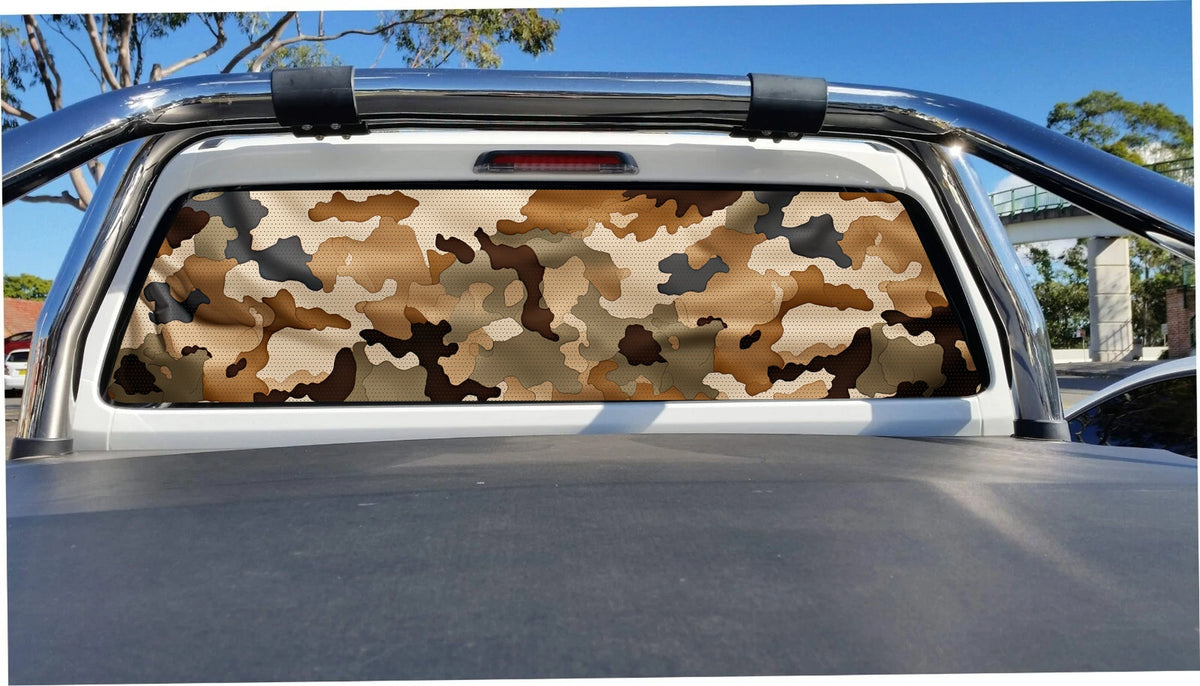 Outback camouflage perforated sticker trimmed to a ute rear window, application mockup