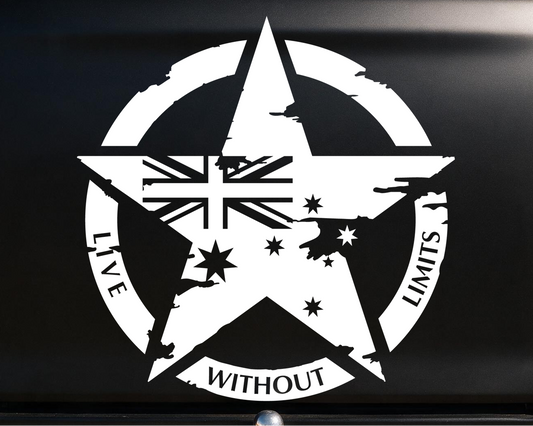 110cm distressed Live Without Limits military star decal in white on the tailgate of a matte black ute