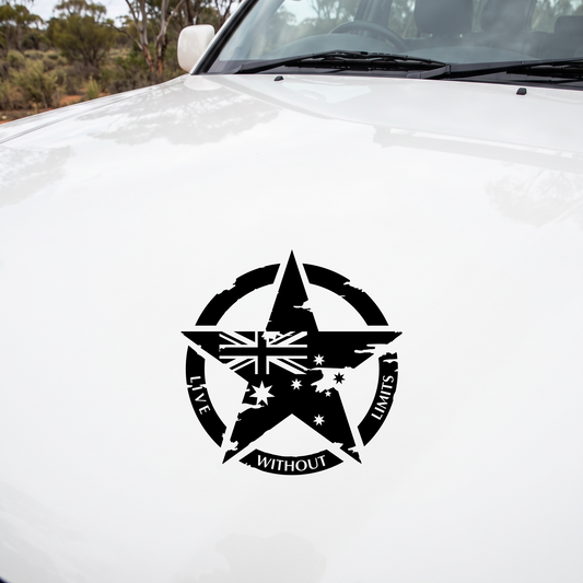 58cm distressed Live Without Limits military star decal in black on the bonnet of a white four-wheel drive