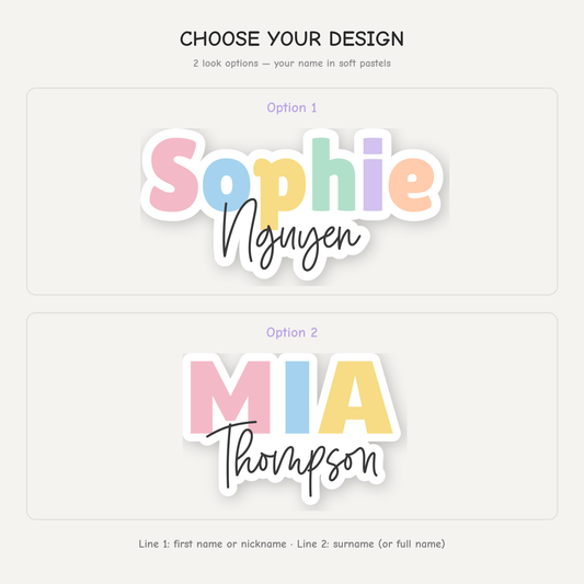 Pastel rainbow name sticker design chart comparing Option 1 and Option 2