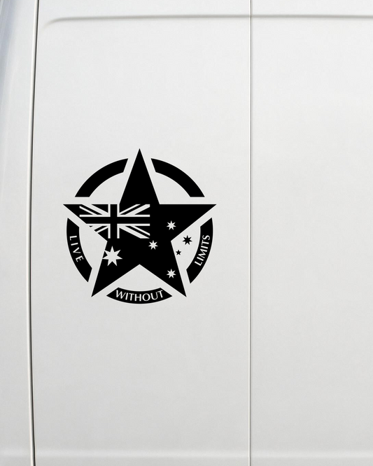 58cm military star decal in black on the rear door of a white van