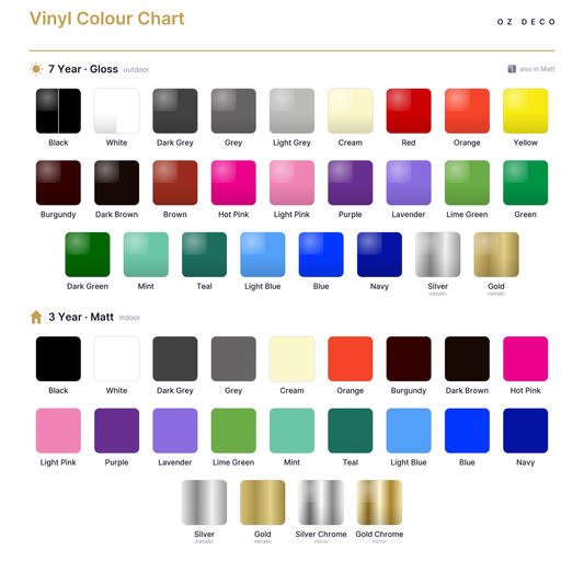 OZ DECO gloss and matt cut vinyl colour chart for decals