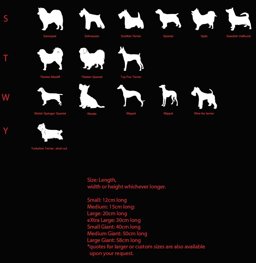 Samoyed, Schnauzer, Scottish Terrier, Spaniel,  Spitz, Swedish Vallhund, Welsh Springer Spaniel, Westie, Whippet, Wire fox terrier, Yorkshire Terrier, short cut