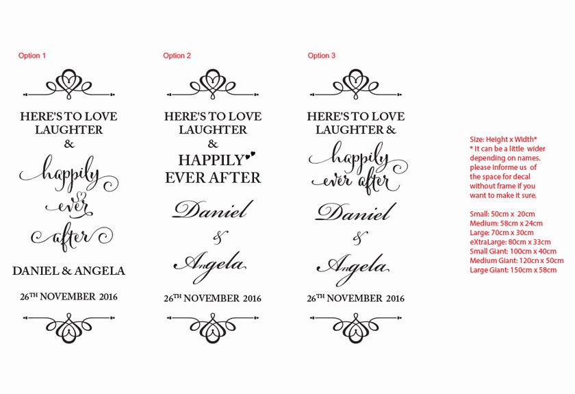 Personalized Wedding / Engagement Sign Decal Sticker Removable <br>Here's to Love Laughter and Happily Ever After.