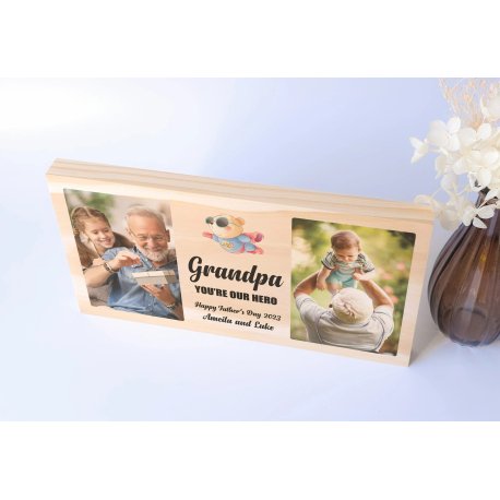 Grandpa You're Our Hero Personalised Wood Photo Block, Father's Day Photo Gift
