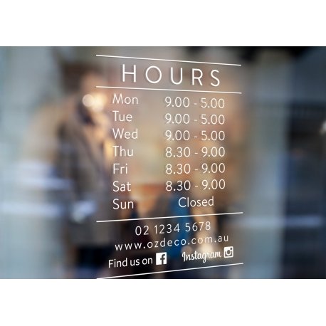 Custom Opening Hours Window Decal Weekdays Weekend Facebook Instagram_simple