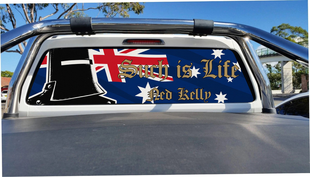 Australia Ned Kelly perforated sticker on ute rear glass, application mockup