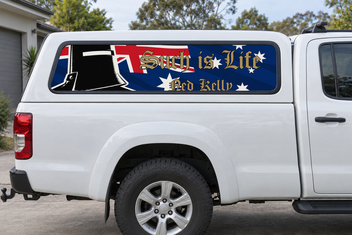 Australia Ned Kelly perforated sticker on ute canopy-side glass, application mockup