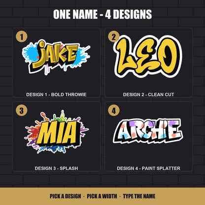 Graffiti name sticker design chart - Design 1 to 4 for personalised name labels