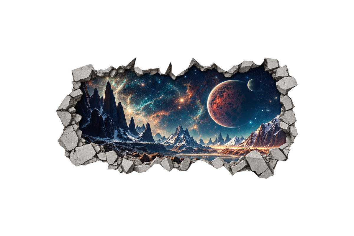 Galaxy cracked wall mural sticker with planets and a mountainous space landscape