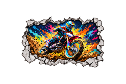 Motocross sports cracked wall mural sticker with colourful paint splashes and a printed concrete edge