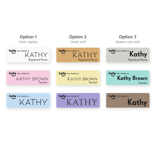 Hello My Name Is acrylic name badges - options chart: Option 1 clean capitals, Option 2 classic serif, Option 3 modern sans-serif, in nine badge colours