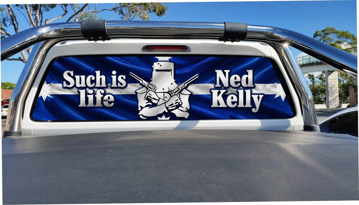 Eureka Ned Kelly perforated sticker on ute rear glass, application mockup