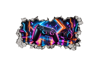 Neon Gamer cracked wall mural sticker with a controller and headset