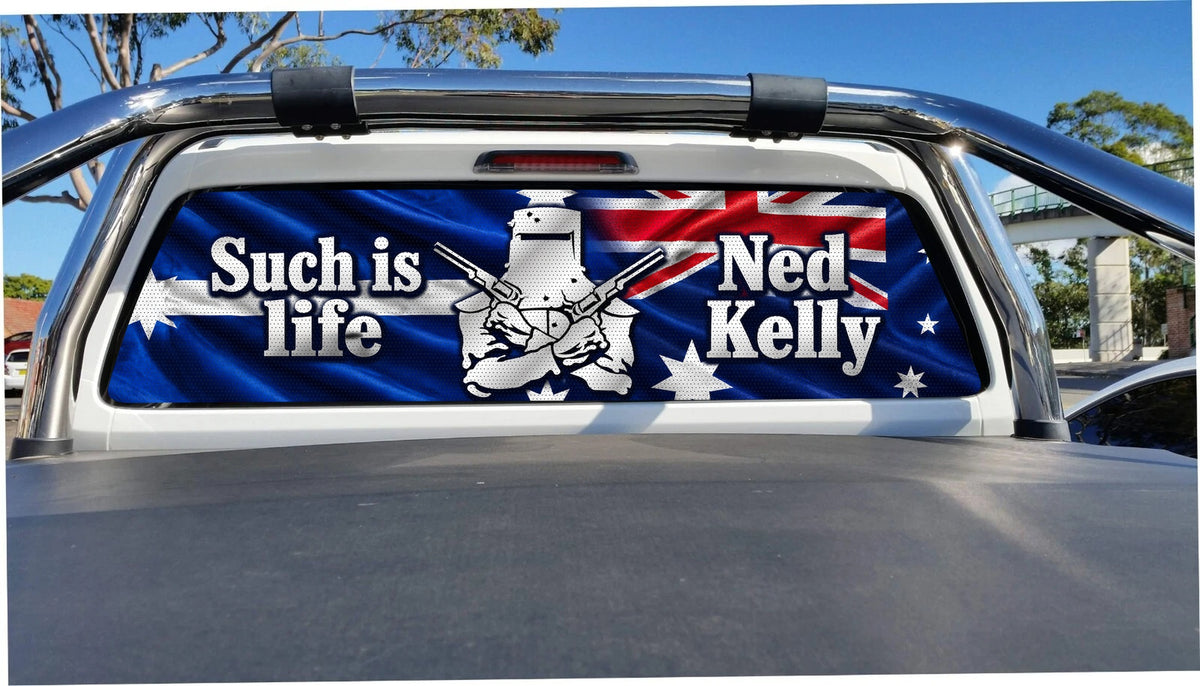 Two Flags Ned Kelly perforated sticker on ute rear glass, application mockup