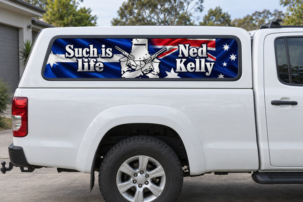 Two Flags Ned Kelly perforated sticker on ute canopy-side glass, application mockup
