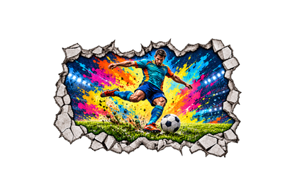 Football sports cracked wall mural sticker with colourful paint splashes and a printed concrete edge