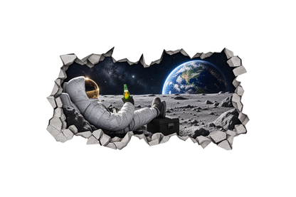 Moon Beer cracked wall mural sticker with an astronaut looking at Earth