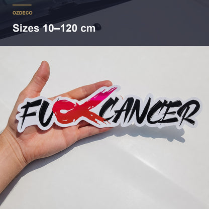 F*ck Cancer decal held in a hand on a car bonnet showing size scale