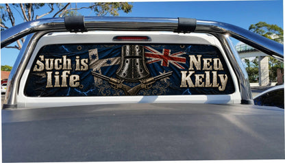 Ornate Ned Kelly perforated sticker on ute rear glass, application mockup