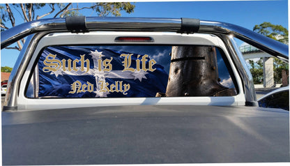 Waving Eureka Ned Kelly perforated sticker on ute rear glass, application mockup
