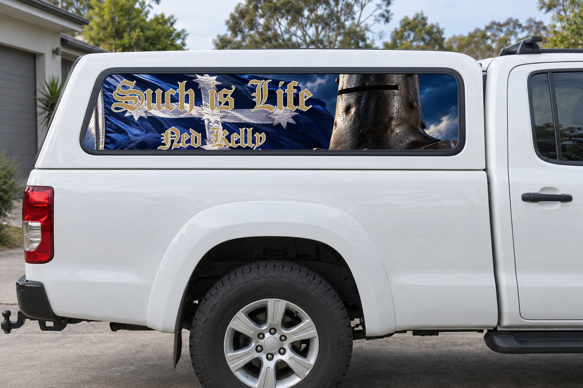 Waving Eureka Ned Kelly perforated sticker on ute canopy-side glass, application mockup