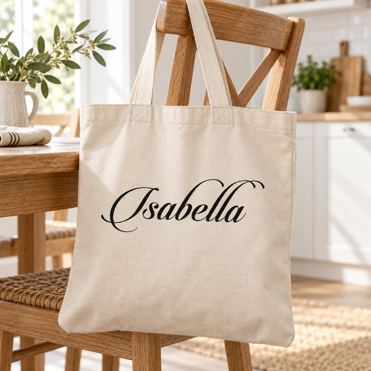 Black script iron-on name 'Isabella' on a natural canvas tote bag