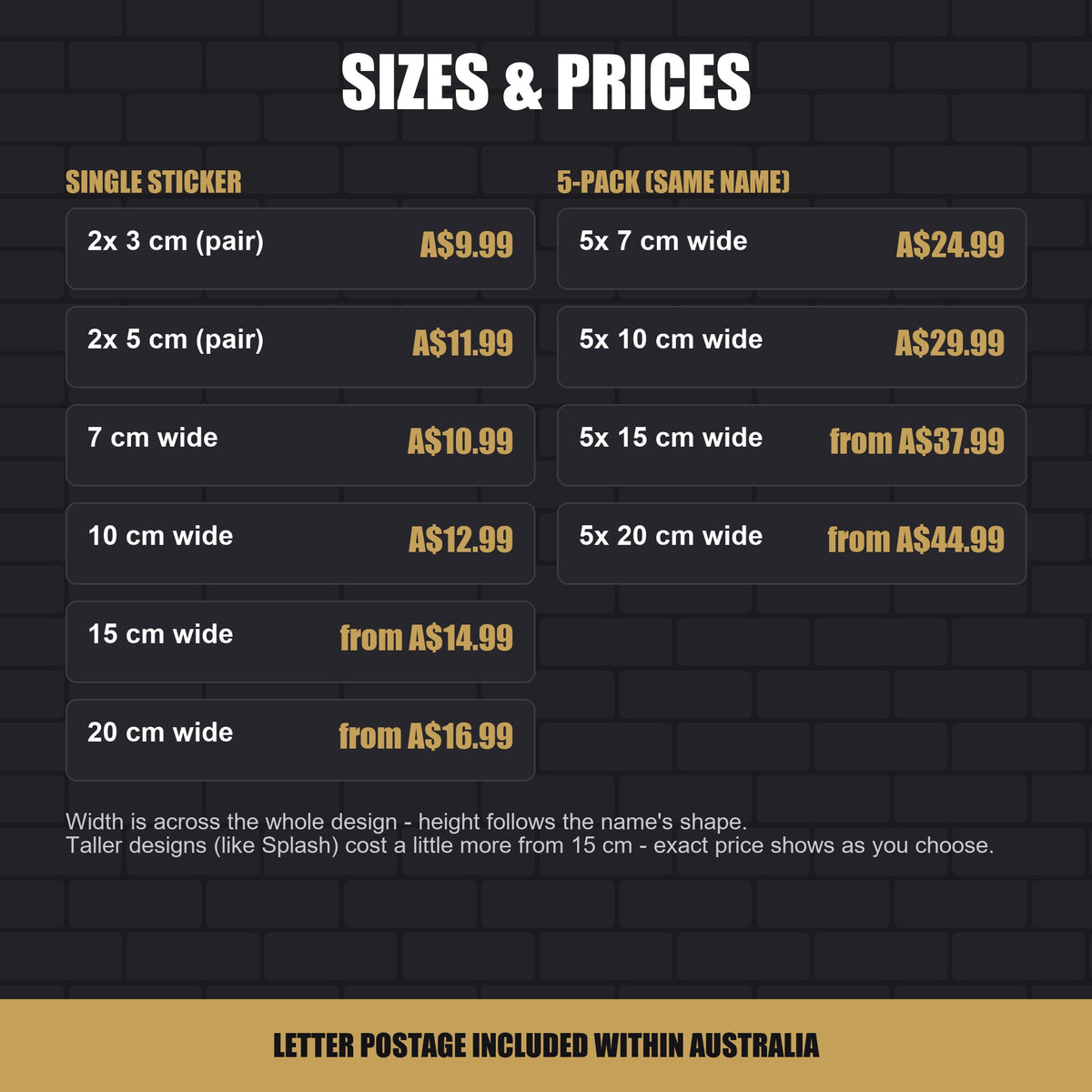Graffiti name sticker size and price chart - 10 width options