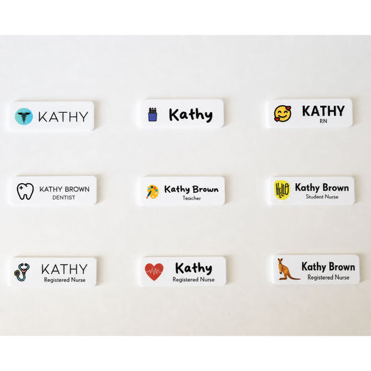 Custom Acrylic Name Badge: Minimalist White Shop Tag, Symbol Option — product photo