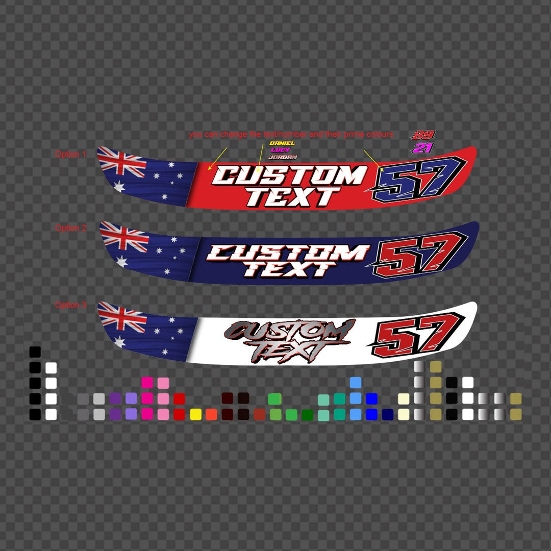 Helmet visor sunstrip decal – three Australian flag designs with custom text and number 57