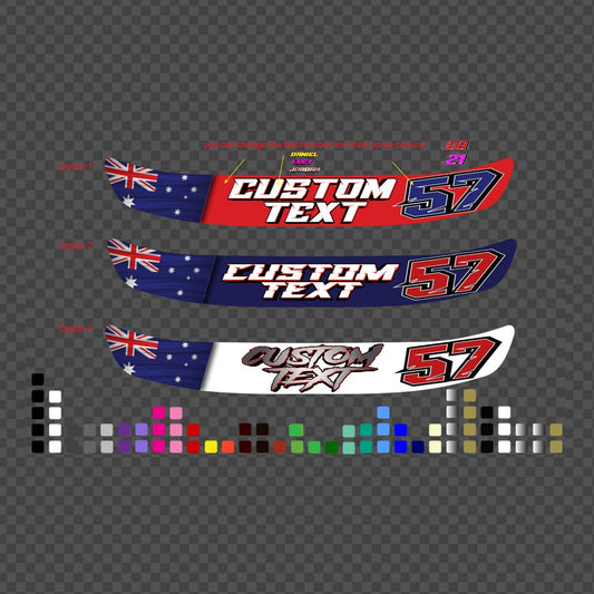 Helmet visor sunstrip decal – three Australian flag designs with custom text and number 57