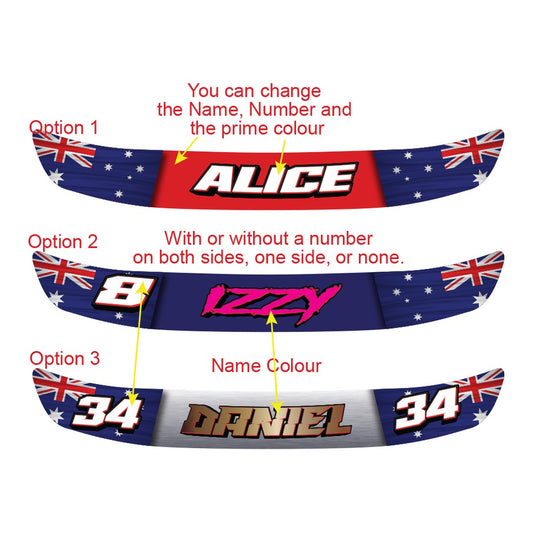 Helmet visor sunstrip decal – three Australian flag designs with name and number options