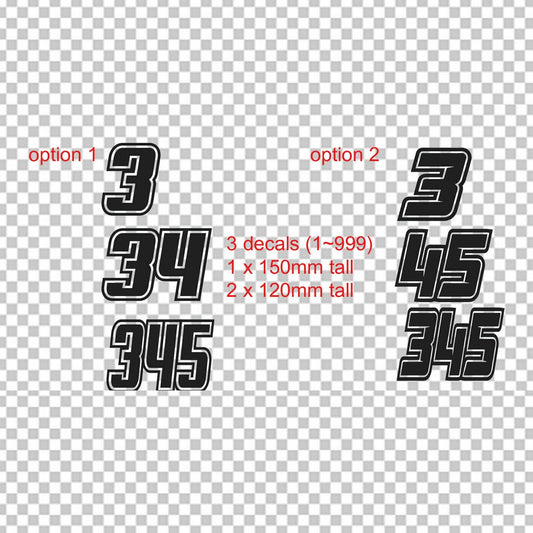 Plate car and motocross number decal – black numbers with silver outline shown in two styles