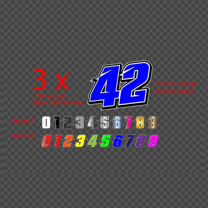 Supercross number decal – blue number 42 with black outline and two rows of digit colour options