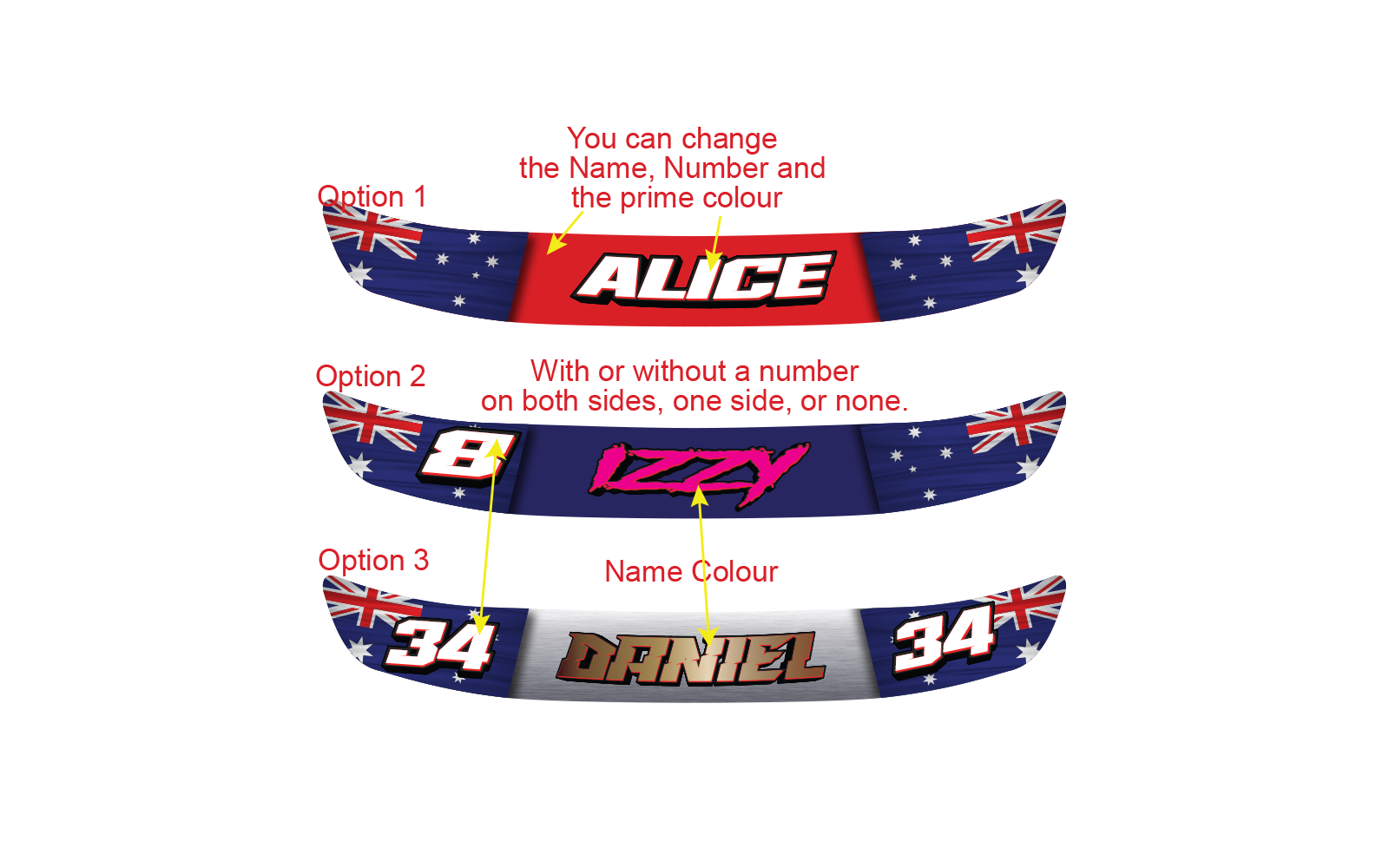 2x Helmet Visor Sunstrip Decals Custom Name Number Flag 300mm by OZ DECO