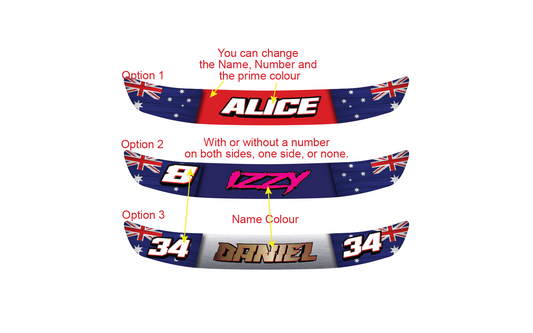 2x Helmet Visor Sunstrip Decals Custom Name Number Flag 300mm by OZ DECO