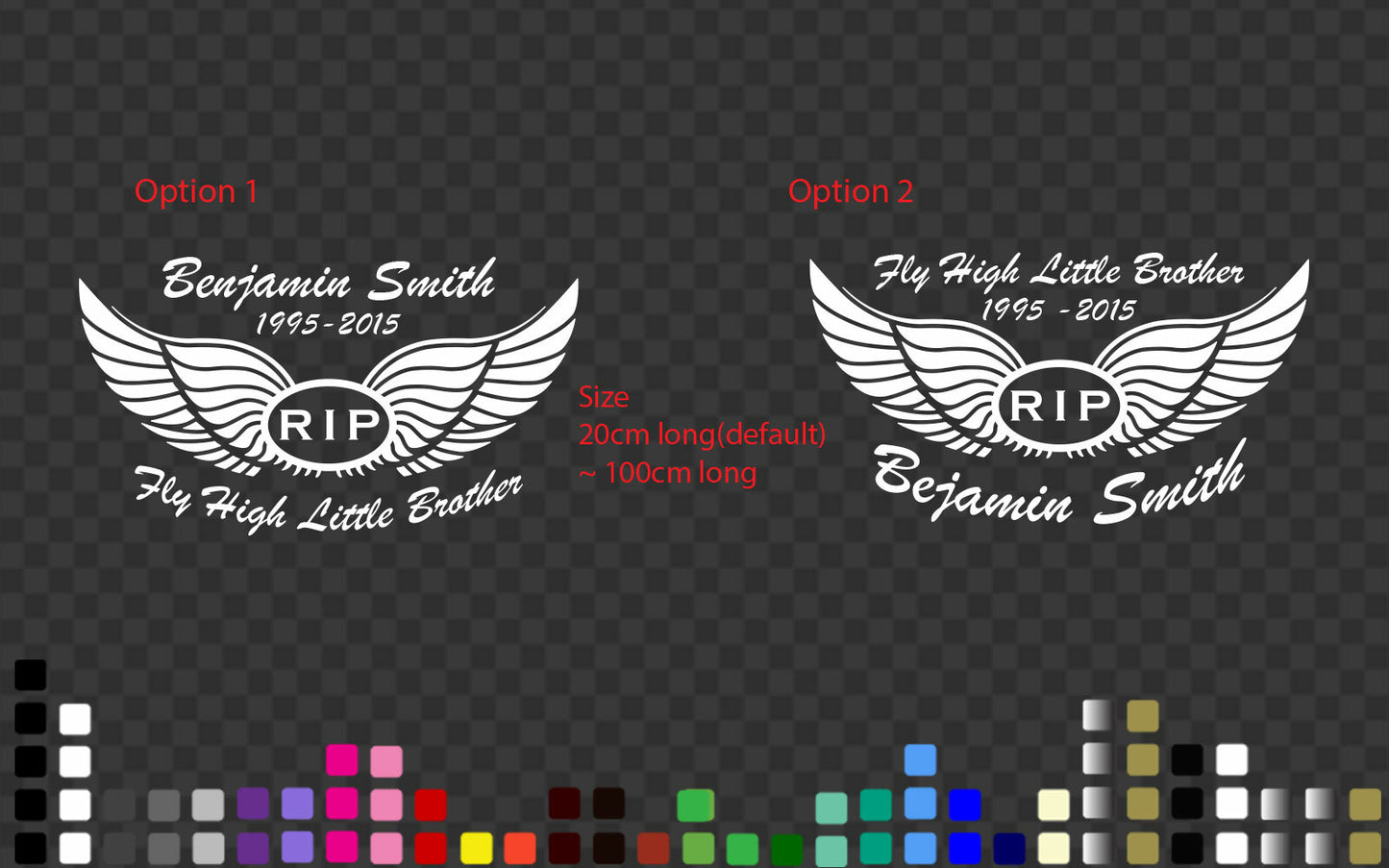 Custom Memorial Car Sticker RIP Decal Angel Wings Fly High Name Date — shown applied