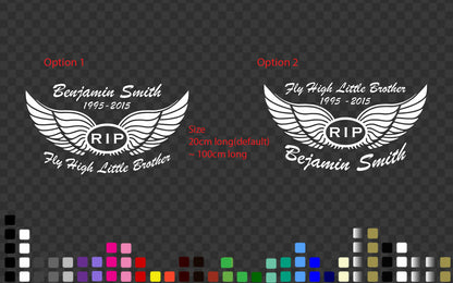 Custom Memorial Car Sticker RIP Decal Angel Wings Fly High Name Date — shown applied