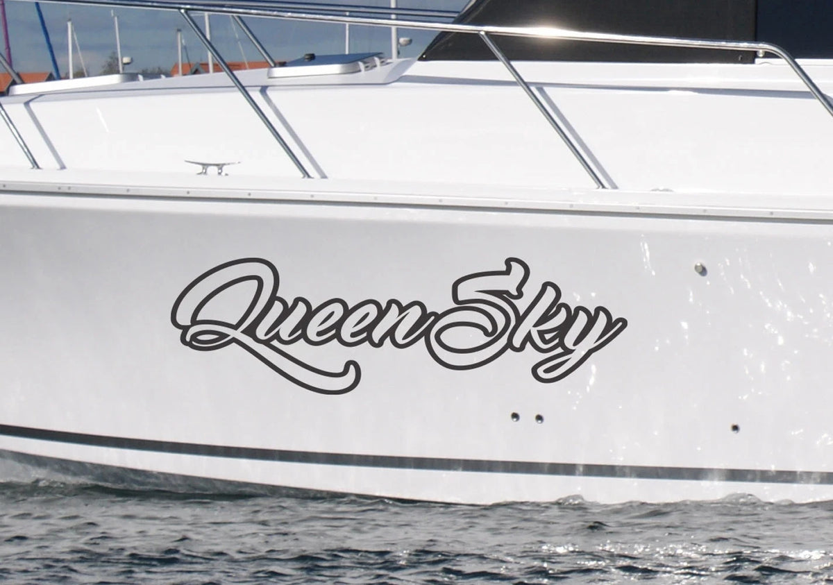 2x Custom Boat Name Decals Marine Cast Vinyl 10-Year — shown applied