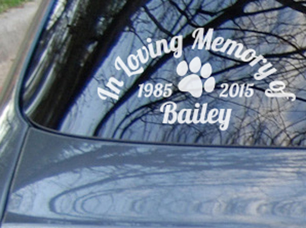 Custom Dog Cat Pet Paw Print Memorial Car Sticker Decal In Loving Memory RIP — shown applied