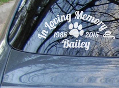 Custom Dog Cat Pet Paw Print Memorial Car Sticker Decal In Loving Memory RIP — shown applied